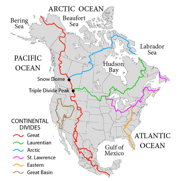 Map showing the major Continental divides of North America.